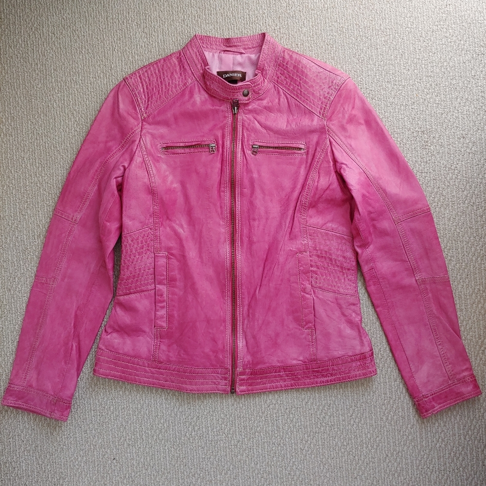 DANIER Pink Cropped Leather Jacket, Sz M